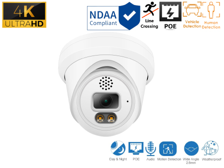 4K 8MP Turret IP Indoor/Outdoor Human/Vehicle Detect/Line Crossing Infrared Dome Security PoE Camera with 2.8mm Fixed Lens & Two-Way Audio