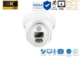 4K 8MP Turret IP Indoor/Outdoor Human/Vehicle Detect/Line Crossing Infrared Dome Security PoE Camera with 2.8mm Fixed Lens & Two-Way Audio
