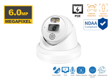 6MP IP Turret Indoor/Outdoor Human/Vehicle Detect Built in speaker and mic Infrared Dome Security Camera with 2.8mm Fixed Lens